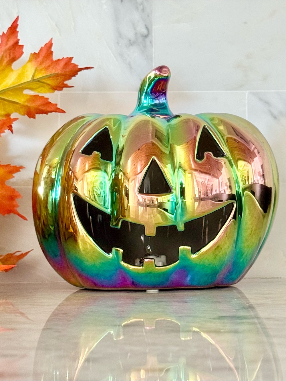 New Halloween Jack-o'-Lantern Light Up Iridescent Ceramic Pumpkin Decor - 7” - Picture 3 of 8